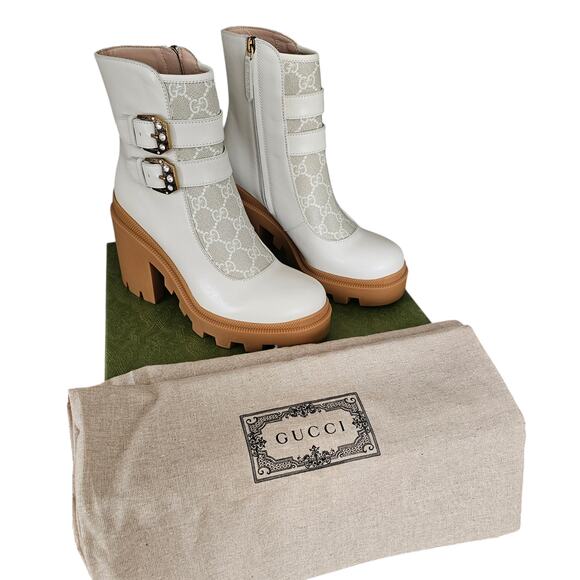 Gucci GG Supreme Kensington Crystal Platform Combat Boot Size 37.5 US 7.5 White - Picture 1 of 8